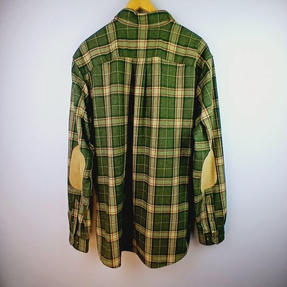 Eddie Bauer SZ XL Tall 100% Wool Plaid Work Shirt Genuine Leather Elbow Patches - Picture 5 of 7
